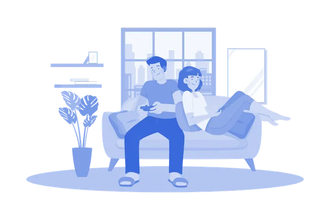 Young Couple Sitting On The Sofa Playing A Game Illustration