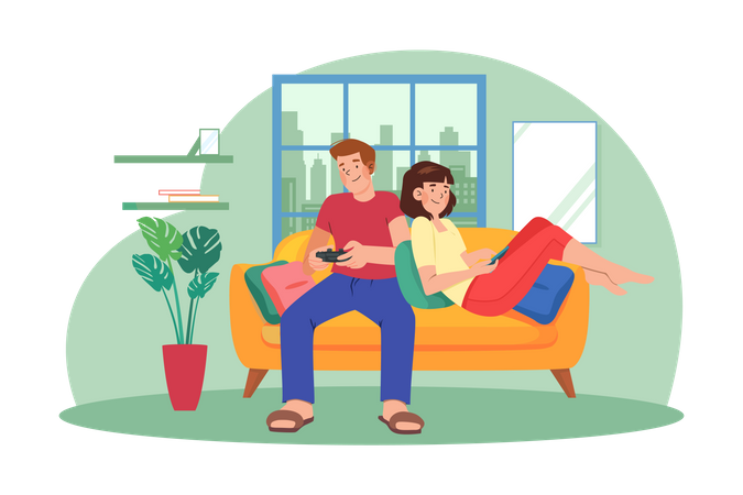 Young Couple Sitting On The Sofa Playing A Game Illustration