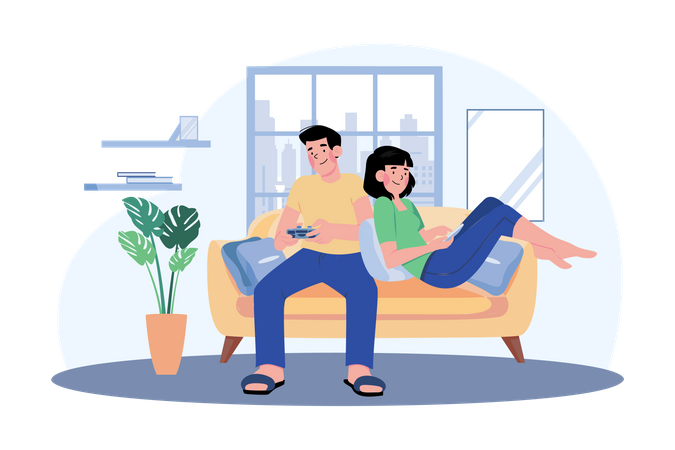 Young Couple Sitting On The Sofa Playing A Game  Illustration