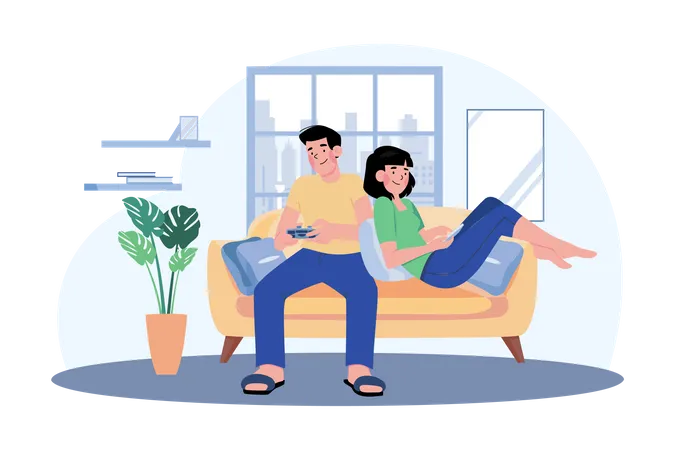 Young Couple Sitting On The Sofa Playing A Game  Illustration