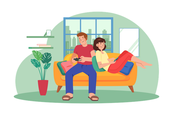 Young Couple Sitting On The Sofa Playing A Game  Illustration