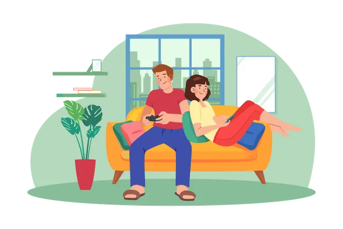 Young Couple Sitting On The Sofa Playing A Game  Illustration