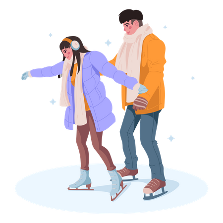 Young couple skating on ice Illustration