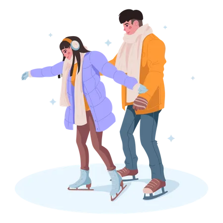 Young couple skating on ice  Illustration