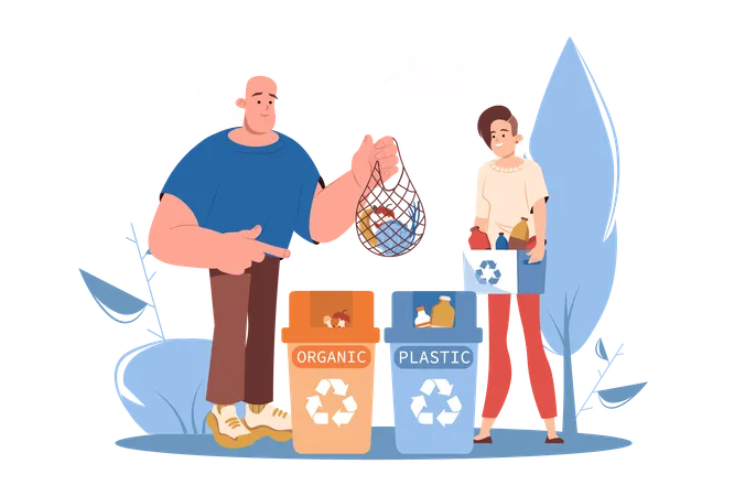 Garbage Sorting Blue Concept With People Scene In The Flat Cartoon Design Illustration