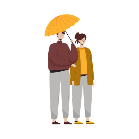 Young couple standing together holding umbrella Illustration