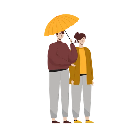 Young couple standing together holding umbrella Illustration