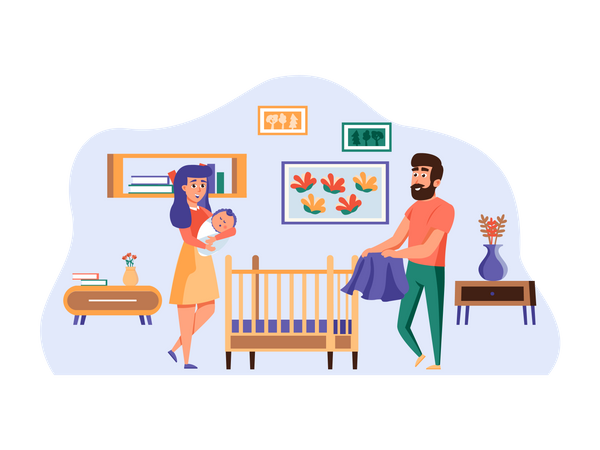 Young couple taking care of newborn baby Illustration
