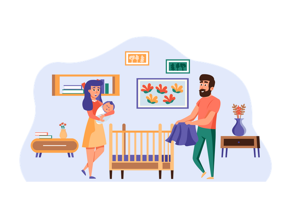 Young couple taking care of newborn baby  Illustration