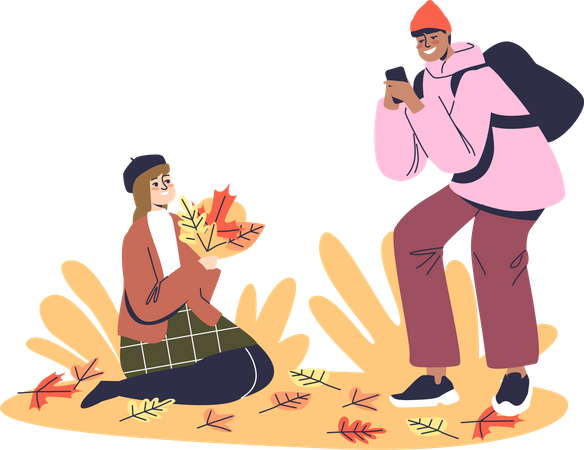 Young couple taking photos in autumn leaves in park  イラスト