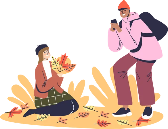 Young Couple Enjoy Taking Photos In Yellow Autumn Leaves In Park Or Forest Teen Girl And Boy Spend Time Outdoors In Fall Woods Together Relax In Autumn Concept Cartoon Flat Vector Illustration Illustration