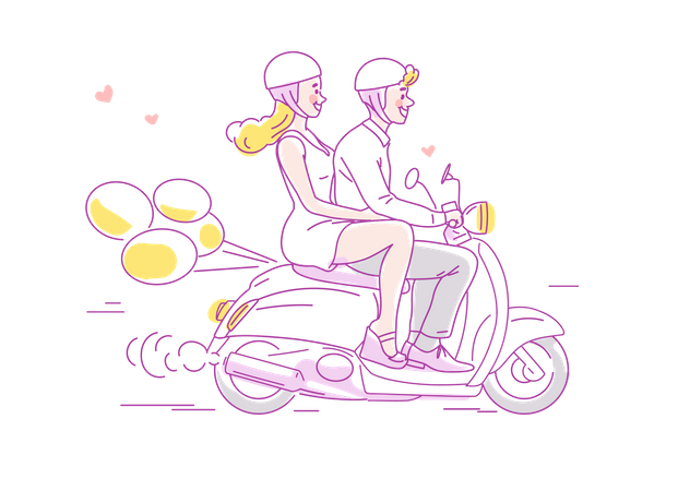 Young couple traveling on scooter with balloons behind  Illustration