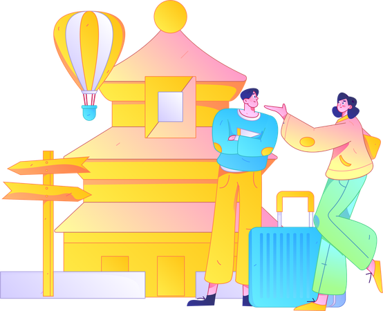 中国を旅行する若いカップル  イラスト