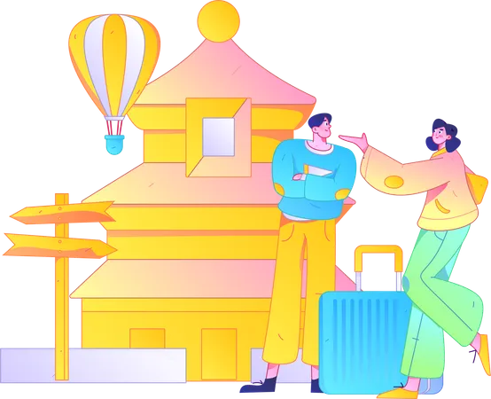 中国を旅行する若いカップル  イラスト