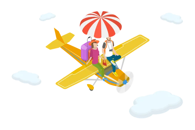 Young couple travelling in air plane for holiday  Illustration