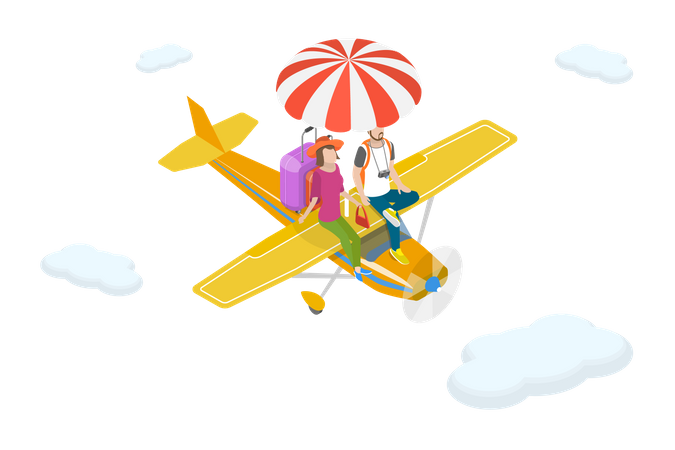 Young couple travelling in air plane for holiday  Illustration