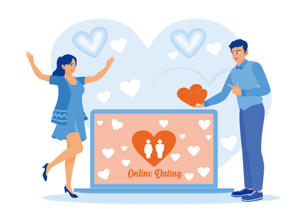 Young couple visiting online dating site on laptop screen. Young man giving heart symbol to his partner  Illustration