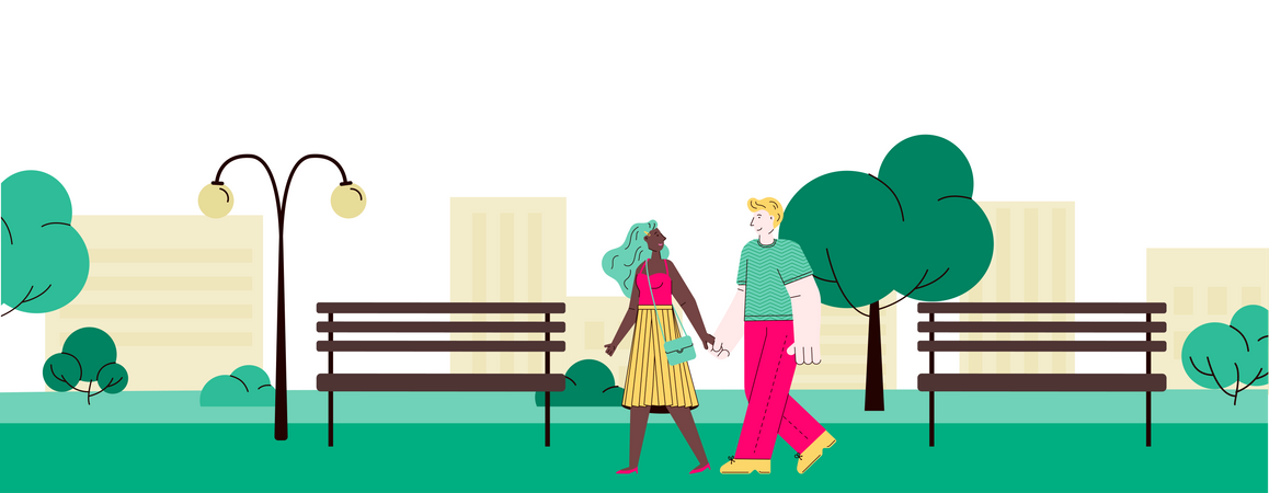 Young couple walking together in city park  Illustration