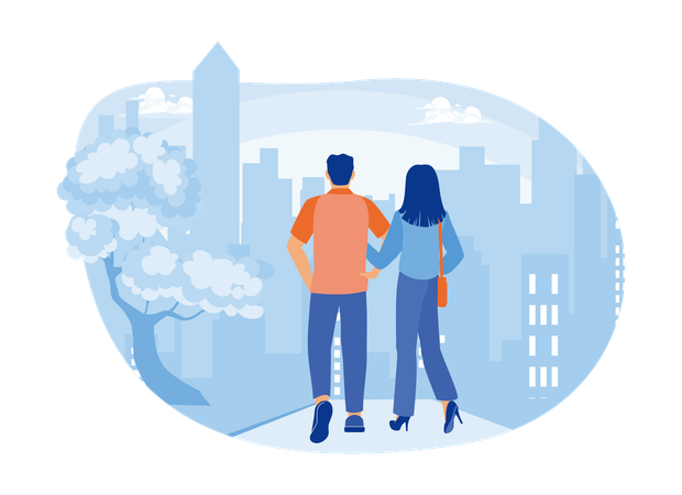Young couple walks along a city street  Illustration
