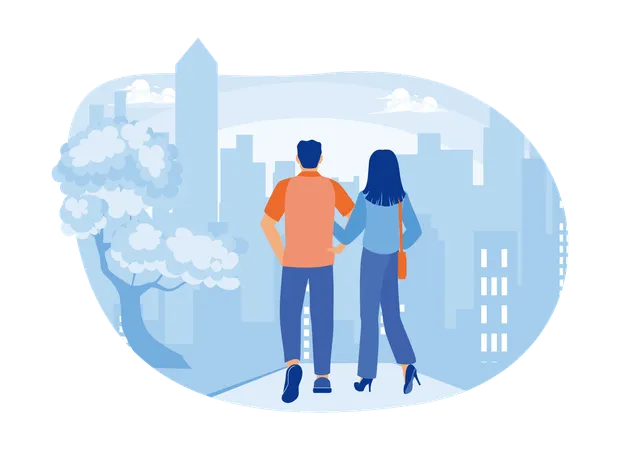 Young couple walks along a city street  Illustration