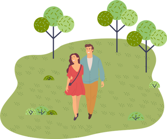 Young couple walks in the park embracing  Illustration