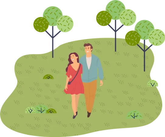 Young Romantic Couple Walking Along Spring Park Girl In Red Dress Male And Female In The Garden Relax Weekend Vacation Romantic Date Love And Relationship Green Parks Squares Flat Vector Image Illustration