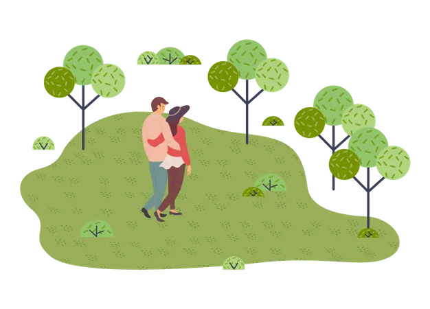 Young couple walks in the park in embrace  Illustration