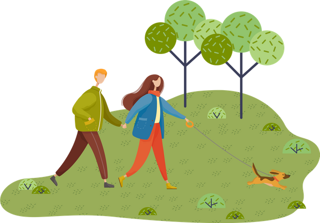Young couple walks with dog in the park  Illustration