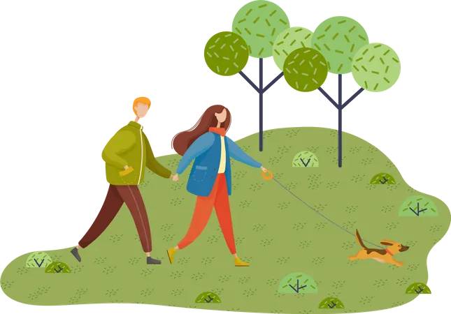 Young couple walks with dog in the park  Illustration