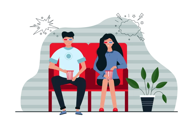 Young couple watching 3d movie in theater  Illustration