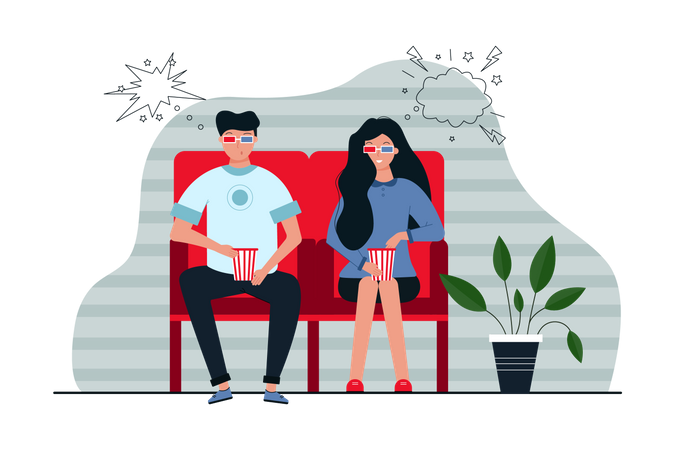 Young couple watching 3d movie in theater  Illustration