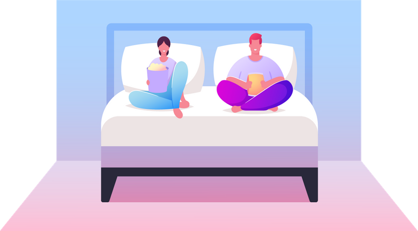 Young Couple Watching TV with Popcorn at Home Illustration