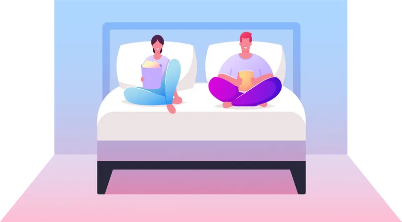 Young Couple Watching TV with Popcorn at Home Illustration