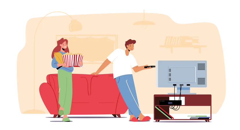 Young Couple Watching TV with Popcorn at Home  Illustration