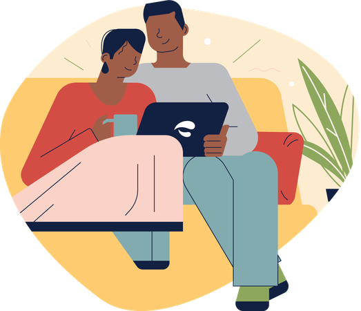 Young couple watching video in tablet at home  Illustration