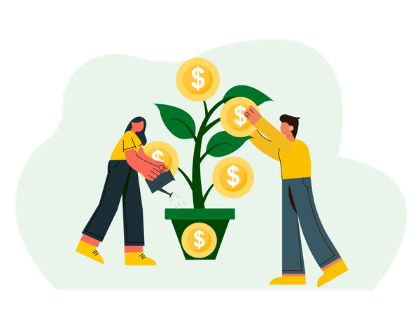 Young couple watering dollar plant while getting Investment Profit  Illustration