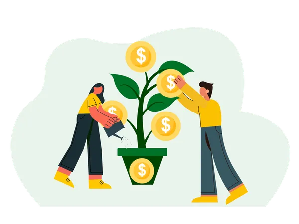 Young couple watering dollar plant while getting Investment Profit  Illustration