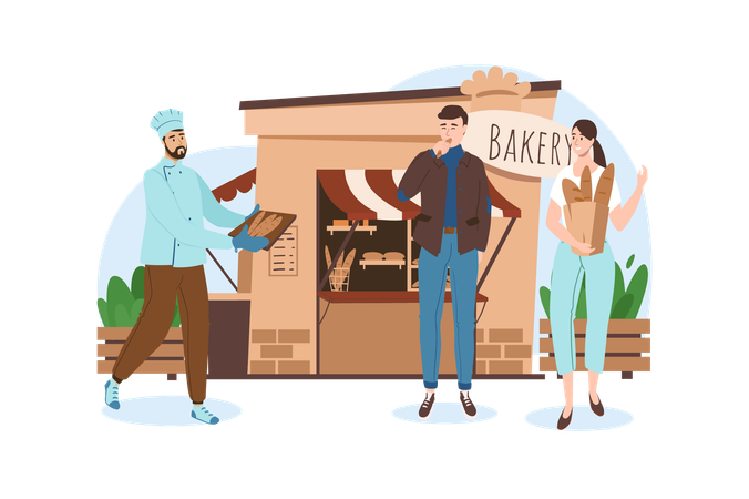 Young couple went to the bakery after work to get tasty breads  Illustration