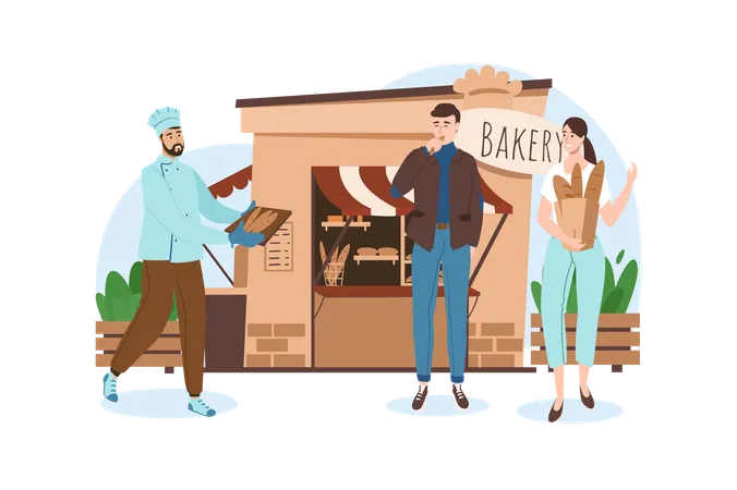 Shop Blue Concept With People Scene In The Flat Cartoon Style Young Couple Went To The Bakery After Work To Get Tasty Breads Vector Illustration Illustration