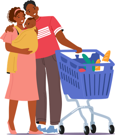 Young Couple with Baby at Supermarket With Loaded Shopping Cart  Illustration