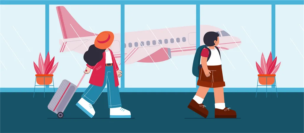 Young couple with backpack in airport Illustration