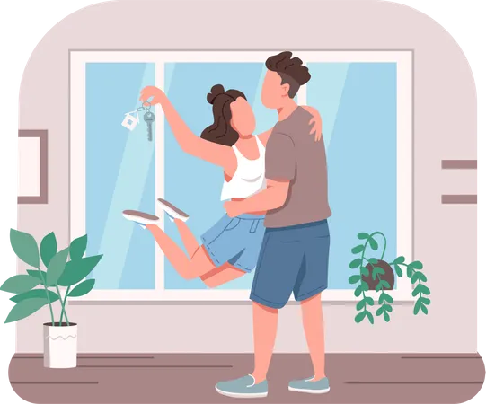 Young couple with new apartment key  Illustration