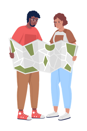 Young couple with paper map  Illustration