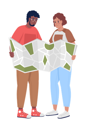 Young couple with paper map  Illustration