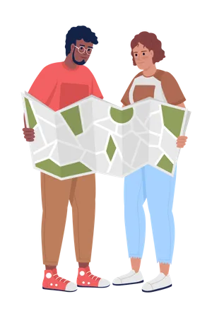 Young couple with paper map  Illustration