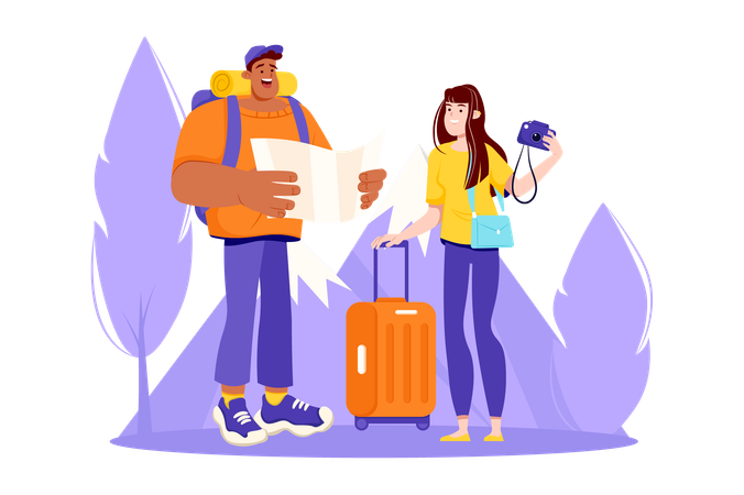 Young couple with suitcases go on long trip  Illustration