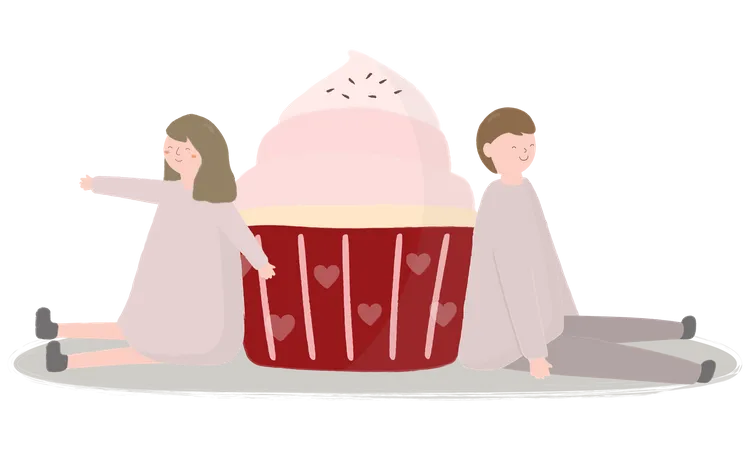 Young Couple Sitting Near Large Cup Cake With Love Isolated Cartoon Cute Romantic Happy Young Couples In Love Valentines Concept Vector Illustration Illustration