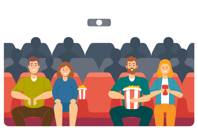Young Couples Watching Movie at Cinema Illustration