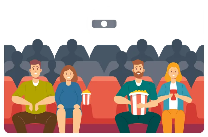 Young Couples Watching Movie at Cinema  Illustration