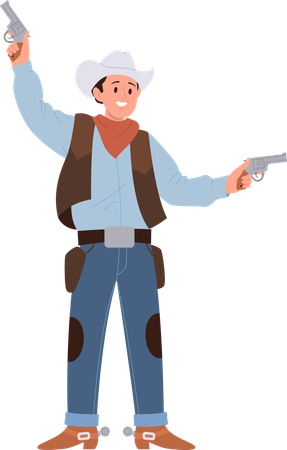 Young cowboy actor in traditional costume and hat performing with revolvers  Illustration